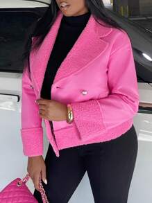 Slaydiva Double Breasted Teddy Lined Crop Jacket - Coral Pink - View 5