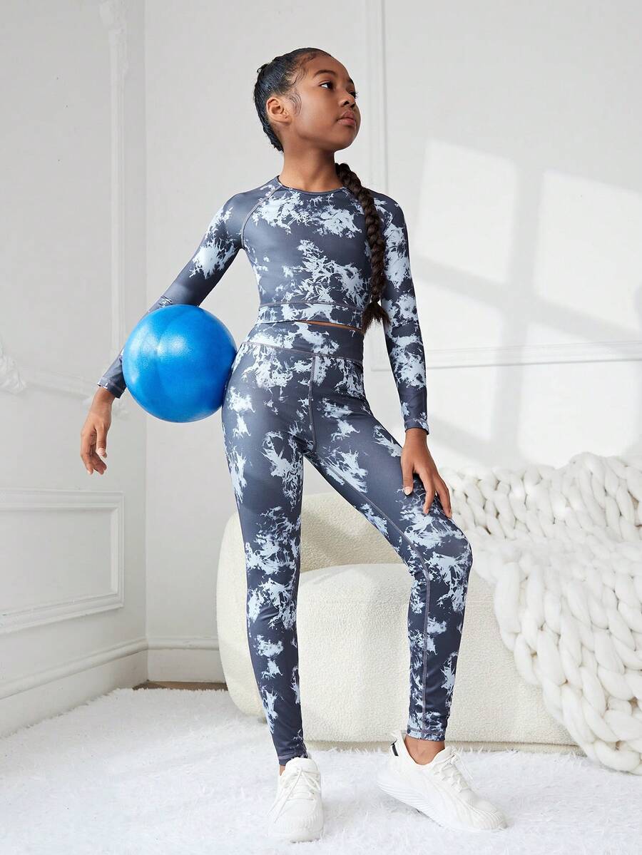 SHEIN Tween Girl Tie Dye Sports Tee & Leggings - Multicolor - View 1