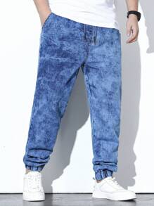 Extended Sizes Nam Plus Dây Rút Eo Quần Jogger Jean Dài Giặt Denim Quần Jogger Jean Hàng Hóa Đồng Bằng Xanh Da Trời Tập Luyện Kích Thước - Màu xanh lam - Xem 1