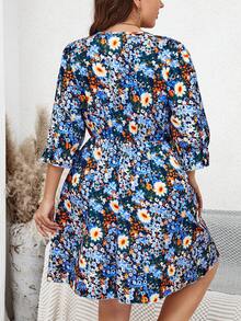 EMERY ROSE 大码花卉印花荷叶边袖荷叶边下摆连衣裙 - 藏蓝色 - 查看 2