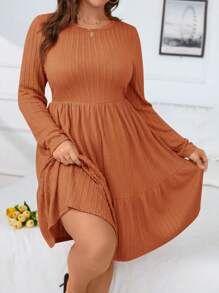SHEIN Clasi 大碼素色荷葉邊洋裝 - 鏽棕色 - 查看 4
