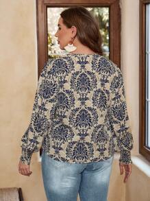 SHEIN VCAY Plus Allover Print Lantern Sleeve Blouse - Multicolor - View 2