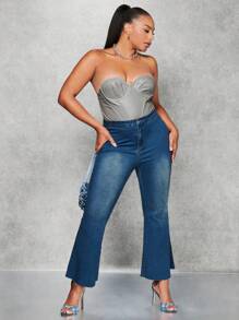 SHEIN BAE Plus Rhinestone Star Pattern Flare Leg Jeans - Blue - View 5