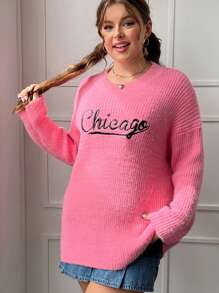SHEIN EZwear Plus Pull Motif Lettre Épaule tombante - Rose bonbon - Voir 4