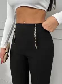 EURMUSE High Waist Chain Detail Zip Fly Pants - Black - View 4