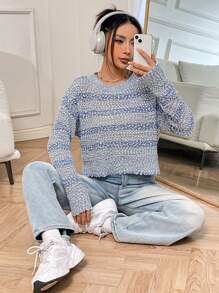 SHEIN Unity 休閒條紋女士毛衣 - 藍色 - 查看 1