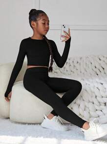 SHEIN Tween Girl Cut Out Back Thumb Holes Crop Tee & Leggings - Black - View 6