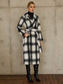 SHEIN Essnce Plaid Print Double Breasted Belted Overcoat - Multicolor - View 5