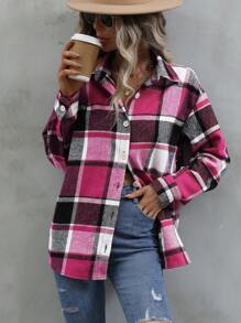 SHEIN LUNE Christmas & New Year Pink Plaid Casual Shirt,Long Sleeve Tops Fall Cloth For Women - Hot Pink - View 5