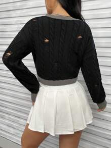 SHEIN Unity 字母图案撕裂撞色滚边麻花针织短款套头衫秋冬毛衣 - 黑色 - 查看 3