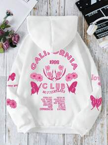 SHEIN EZwear Bản in hình khẩu hiệu & con bướm Túi kangaroo Dây rút Lót nhiệt Hoodie - trắng - Xem 1