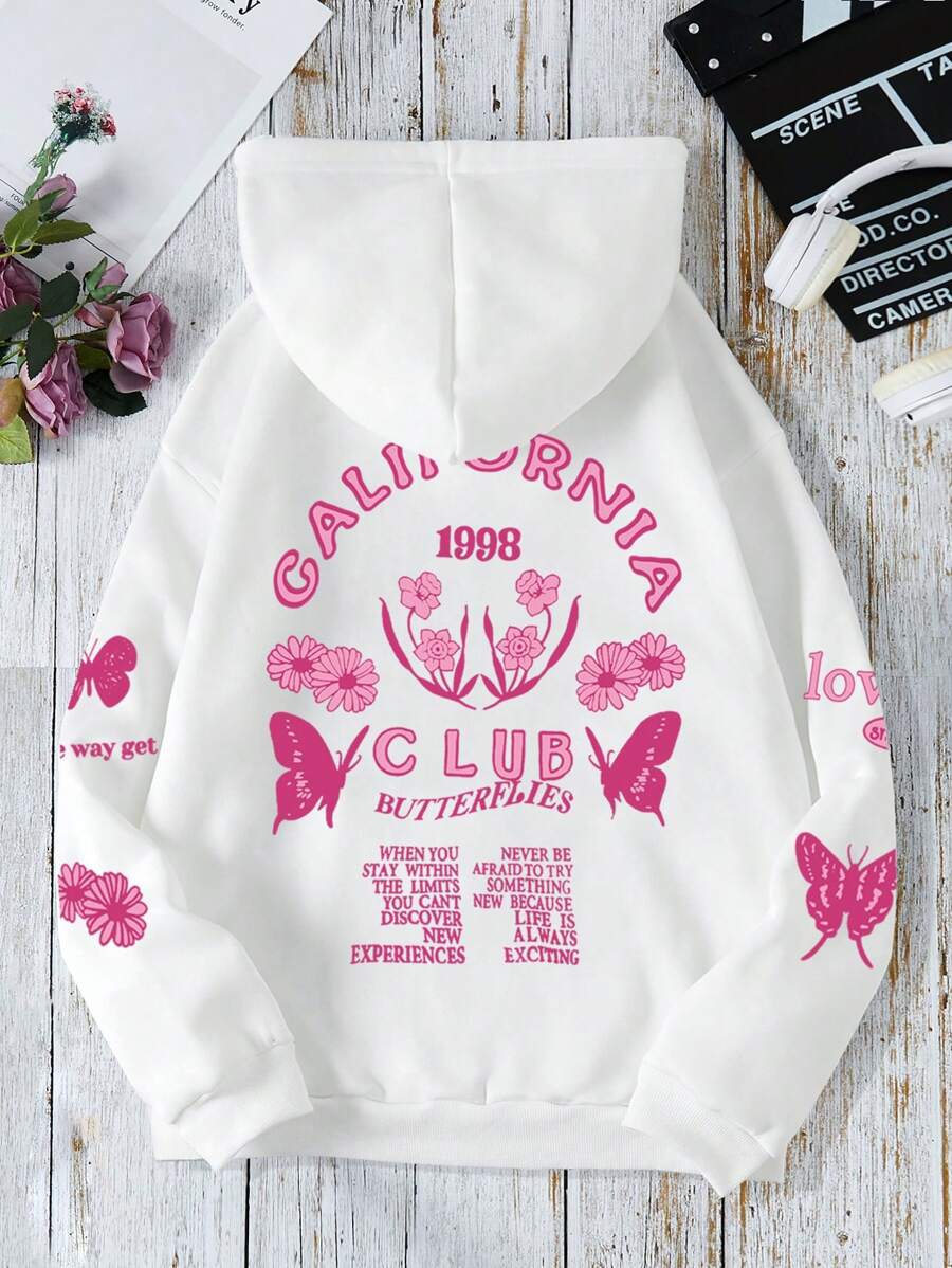 SHEIN EZwear Bản in hình khẩu hiệu & con bướm Túi kangaroo Dây rút Lót nhiệt Hoodie - trắng - Xem 1