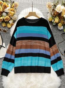 SHEIN LUNE Plus Color Block Drop Shoulder Sweater - Multicolor - View 2