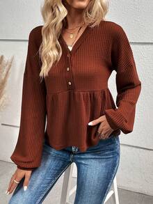 SHEIN Essnce 半排扣落肩袖荷葉邊下擺T恤 - 紅木色 - 查看 5