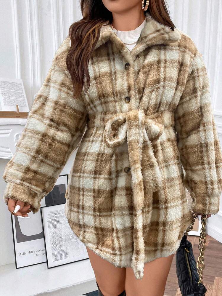 Plus Plaid Pattern Belted Teddy Coat