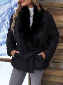 SHEIN LUNE Fuzzy Trim Belted Padded Padded Coat Clothes Winter - Black - View 6