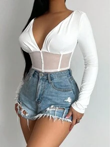 SHEIN SXY 深V領嵌入網紗短款T恤 - 白色 - 查看 3