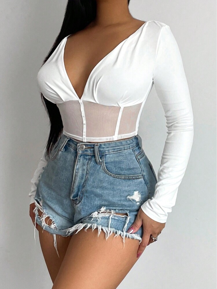 SHEIN SXY 深V領嵌入網紗短款T恤 - 白色 - 查看 3