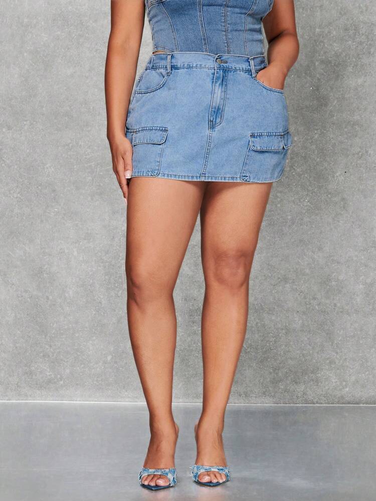 Plus Flap Pocket Side Denim Skirt