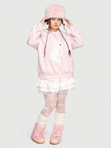 ROMWE Kawaii Plus Rabbit Embroidery Drop Shoulder Sweatshirt - Pink - View 4