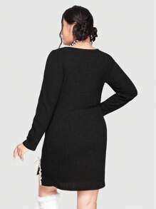 ROMWE Kawaii 蕾丝开叉简约性感情人节大码女式连衣裙 - 黑色 - 查看 4