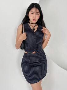 SHEINNeu con estampado de rayas Cazadora chaleco & Falda - Azul Marino - Ver 4