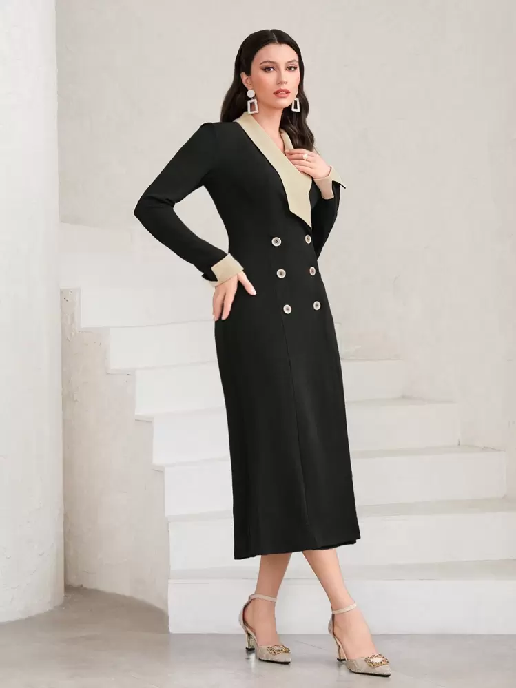 Modelyn 撞色拼接披肩领双排扣连衣裙长款晚礼服 - 黑色 - 查看 3