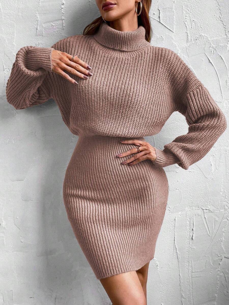 EMERY ROSE 休閒純色女士毛衣連衣裙 - 乾枯玫瑰色 - 查看 1