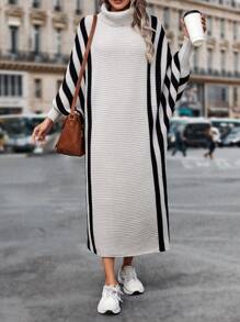 SHEIN LUNE Striped Pattern Turtleneck Batwing Sleeve Sweater Dress Fall Winter Cloth For Women - Multicolor - View 5