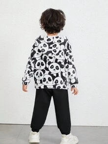 Young Boy Panda Print Sweatshirt With Bag - Black and White - View 2