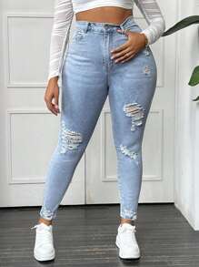 SHEIN SXY Plus Ripped Raw Cut Skinny Jeans