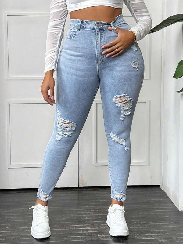 SHEIN SXY Große Größen zerrissene Skinny Jeans mit rohem Schnitt