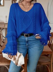 Calvaya 大碼流蘇邊落肩袖麻花編織套頭毛衣 - 藍色 - 查看 1