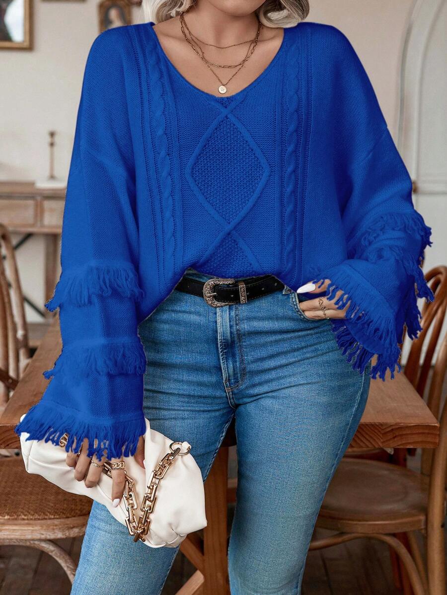 Calvaya 大碼流蘇邊落肩袖麻花編織套頭毛衣 - 藍色 - 查看 1