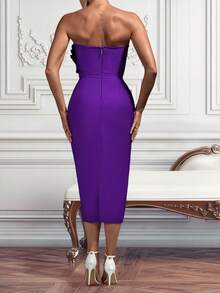 Purple Pleated Strapless Split Bodycon Cocktail Dress - Purple - View 2