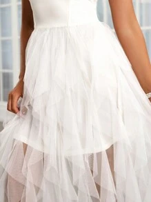 SHEIN Belle Layered Mesh Ruffle Trim Tube Wedding Dress - White - View 5