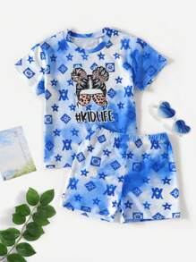 SHEIN 女小童紮染人像圖案T恤和短褲