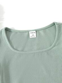 SHEIN Tween Girl Knitted Solid Color Street Style Short Sleeved Bodysuit, Light Green, Spring/Summer Summer Holiday - Mint Green - View 4