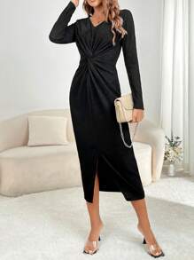 SHEIN Unity Twist Front Split Thigh Dress - Black - View 6