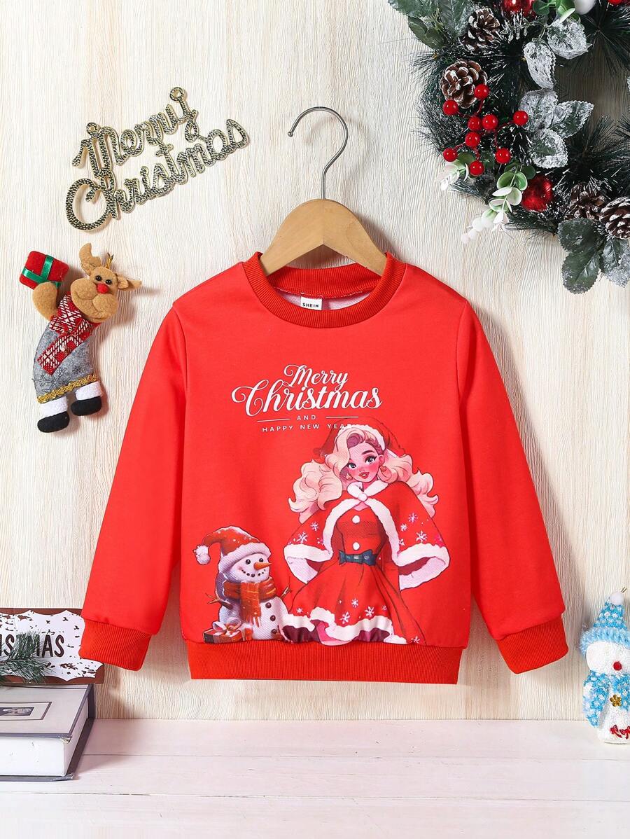 SHEIN Cô gái In Giáng sinh Áo nỉ - Đỏ - Xem 1