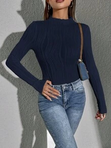 SHEIN Essnce 素色小高領紋理質感T恤 - 藏蓝色 - 查看 4