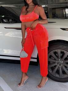 Slaydiva 字母圖案吊帶短上衣&翻蓋口袋長褲 - 橘色 - 查看 5