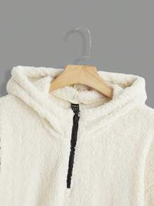 SHEIN EZwear Một nửa khóa kéo Túi kangaroo Thả vai Teddy Hoodie - Màu be - Xem 5