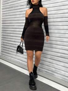 SHEIN Unity High Neck Sweater Dress With Arm Sleeves - Coffee Brown - View 4