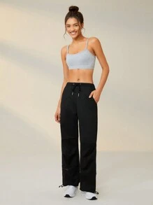 SHEIN Sports Pantalones deportivos de cintura con cordón con bolsillo oblicuo - Negro - Ver 3