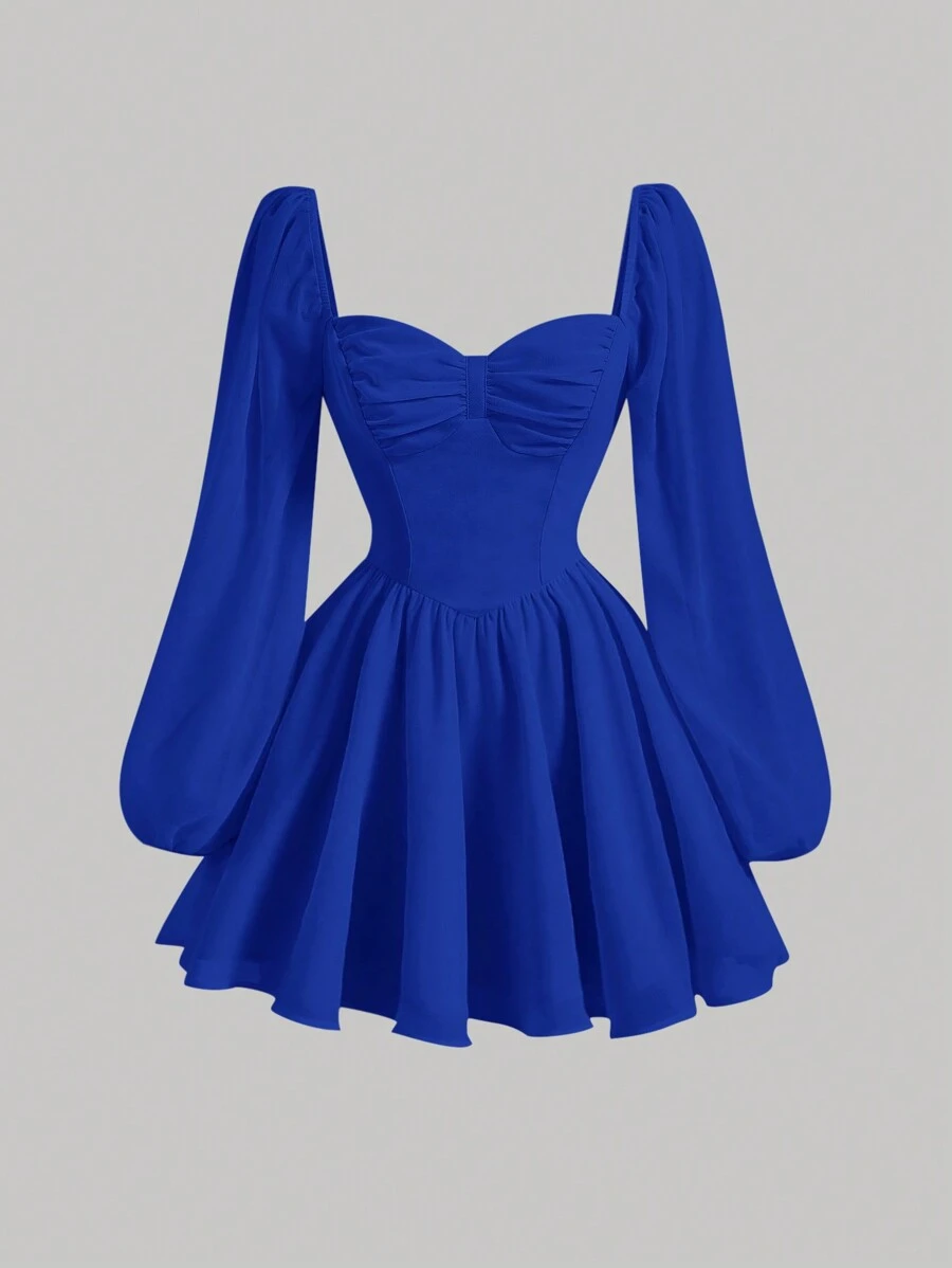 SHEIN MOD 雞心領口燈籠袖胸部褶皺洋裝 - 寶藍色 - 查看 1