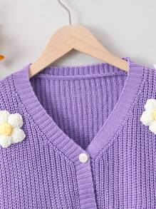 Teen Girl Stereo Flower Drop Shoulder Button Front Cardigan - Mauve Purple - View 3