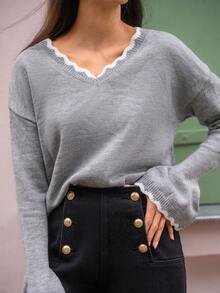 SHEIN Frenchy 拼接邊落肩袖套頭毛衣 - 灰色 - 查看 5