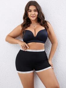 Plus Contrast Lace Trim Ribbed Knit Shortie - Black - View 6