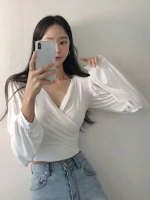 DAZY 素色交叉圍裹短款運動衫 - 白色 - 查看 5